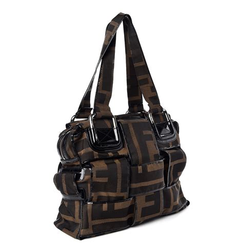 FENDI Patent Zucca Crossword Grande Bag Tobacco